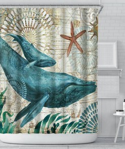 Turtle and Starfish Shower Curtain with Abstract Art - Bathroom Decor