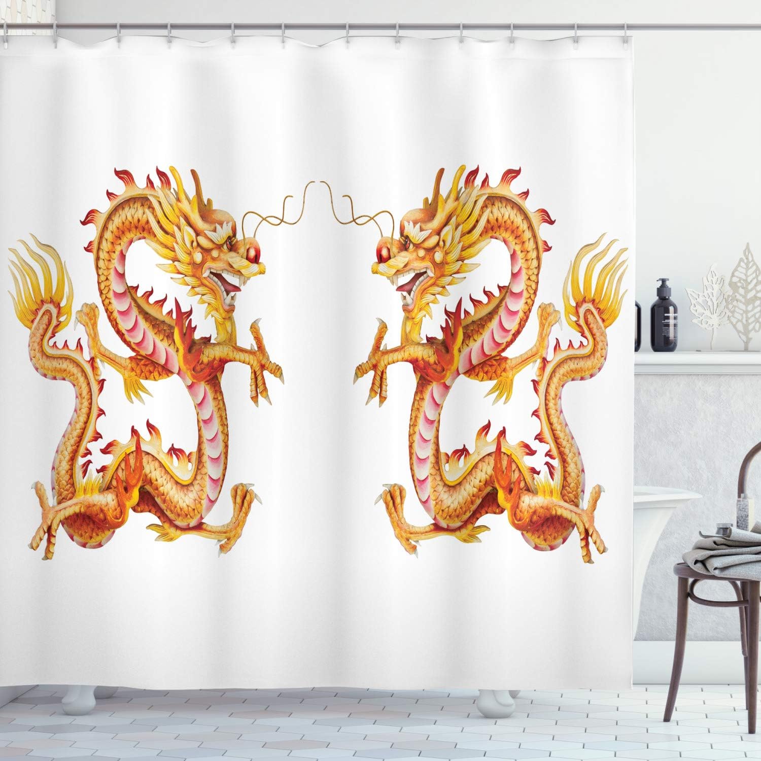 Twin Dragon Zodiac Art Cloth Fabric Shower Curtain, Chinese Philosophy Themed Picture, Bathroom Decor