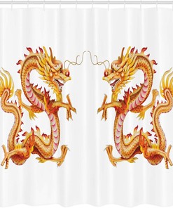 Twin Dragon Zodiac Art Cloth Fabric Shower Curtain, Chinese Philosophy Themed Picture, Bathroom Decor