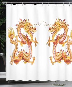 Twin Dragon Zodiac Art Cloth Fabric Shower Curtain, Chinese Philosophy Themed Picture, Bathroom Decor