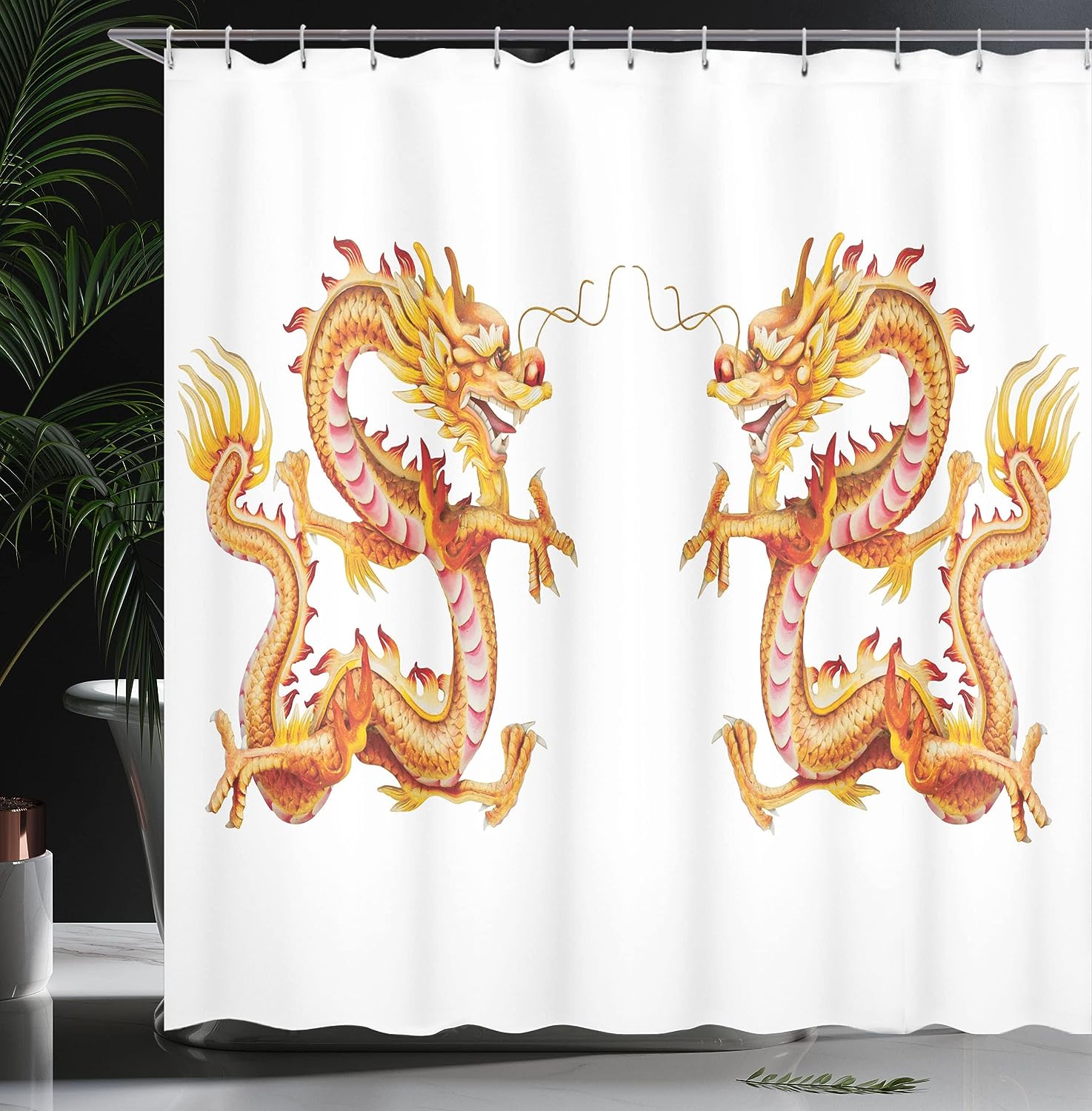 Twin Dragon Zodiac Art Cloth Fabric Shower Curtain, Chinese Philosophy Themed Picture, Bathroom Decor
