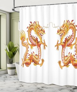 Twin Dragon Zodiac Art Cloth Fabric Shower Curtain, Chinese Philosophy Themed Picture, Bathroom Decor