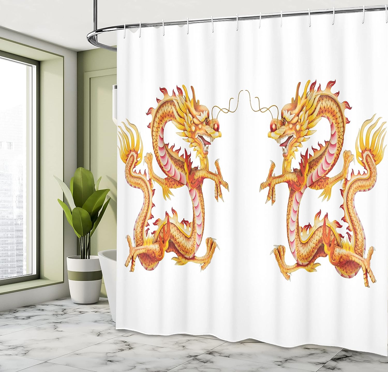 Twin Dragon Zodiac Art Cloth Fabric Shower Curtain, Chinese Philosophy Themed Picture, Bathroom Decor