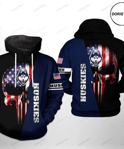 Uconn Huskies NCAA US Flag Skull 3D Hoodie