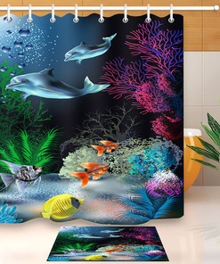 Undersea Dolphins Shower Curtain Plants Water Home Decor