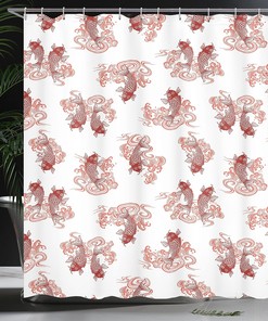 Underwater Koi Fish Shower Curtain, Lake Pattern Style Art Picture Print for Bathroom Decor, Orange and White Cloth Fabric