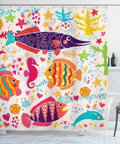 Underwater Life Shower Curtain, Art Fish Seahorse Starfish Dolphin Coral Cloth Bathroom Decor, Indigo Apricot Eggshell
