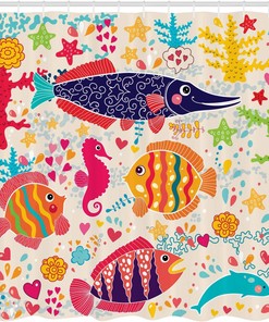 Underwater Life Shower Curtain, Art Fish Seahorse Starfish Dolphin Coral Cloth Bathroom Decor, Indigo Apricot Eggshell