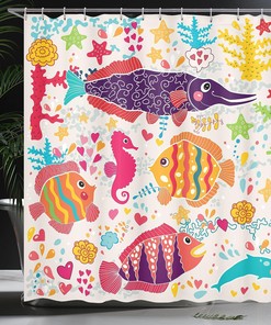 Underwater Life Shower Curtain, Art Fish Seahorse Starfish Dolphin Coral Cloth Bathroom Decor, Indigo Apricot Eggshell