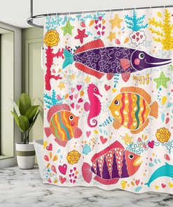 Underwater Life Shower Curtain, Art Fish Seahorse Starfish Dolphin Coral Cloth Bathroom Decor, Indigo Apricot Eggshell