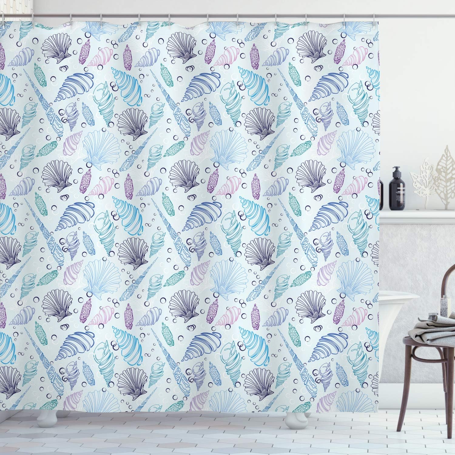Underwater Sea Shell Bubbles Nautical Shower Curtain Indigo Purple Bathroom Decor