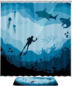 Underwater Sharks Shower Curtain with Floor Mat - Bathroom and Home Decor