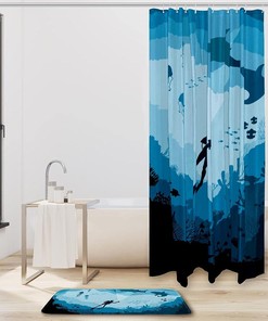 Underwater Sharks Shower Curtain with Floor Mat - Bathroom and Home Decor