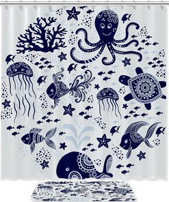Underwater World Octopus Shower Curtain - Waterproof Fabric Curtain for Bathroom Decor