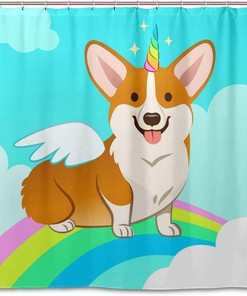 Unicorn Corgi Dog Rainbow Shower Curtain for Bathroom Decor