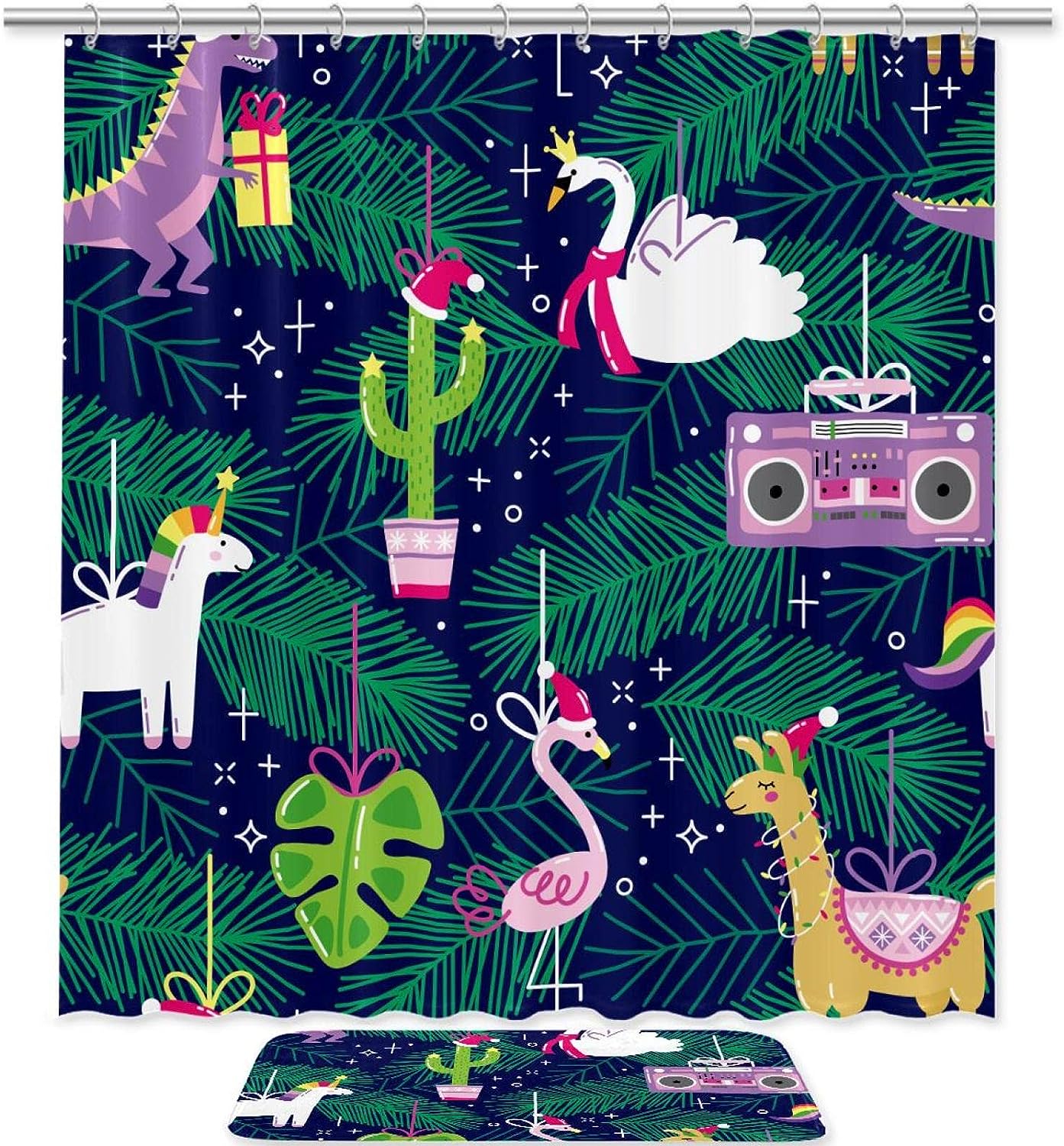Unicorn Flamingo Christmas Waterproof Shower Curtain for Playful Bathroom Decor