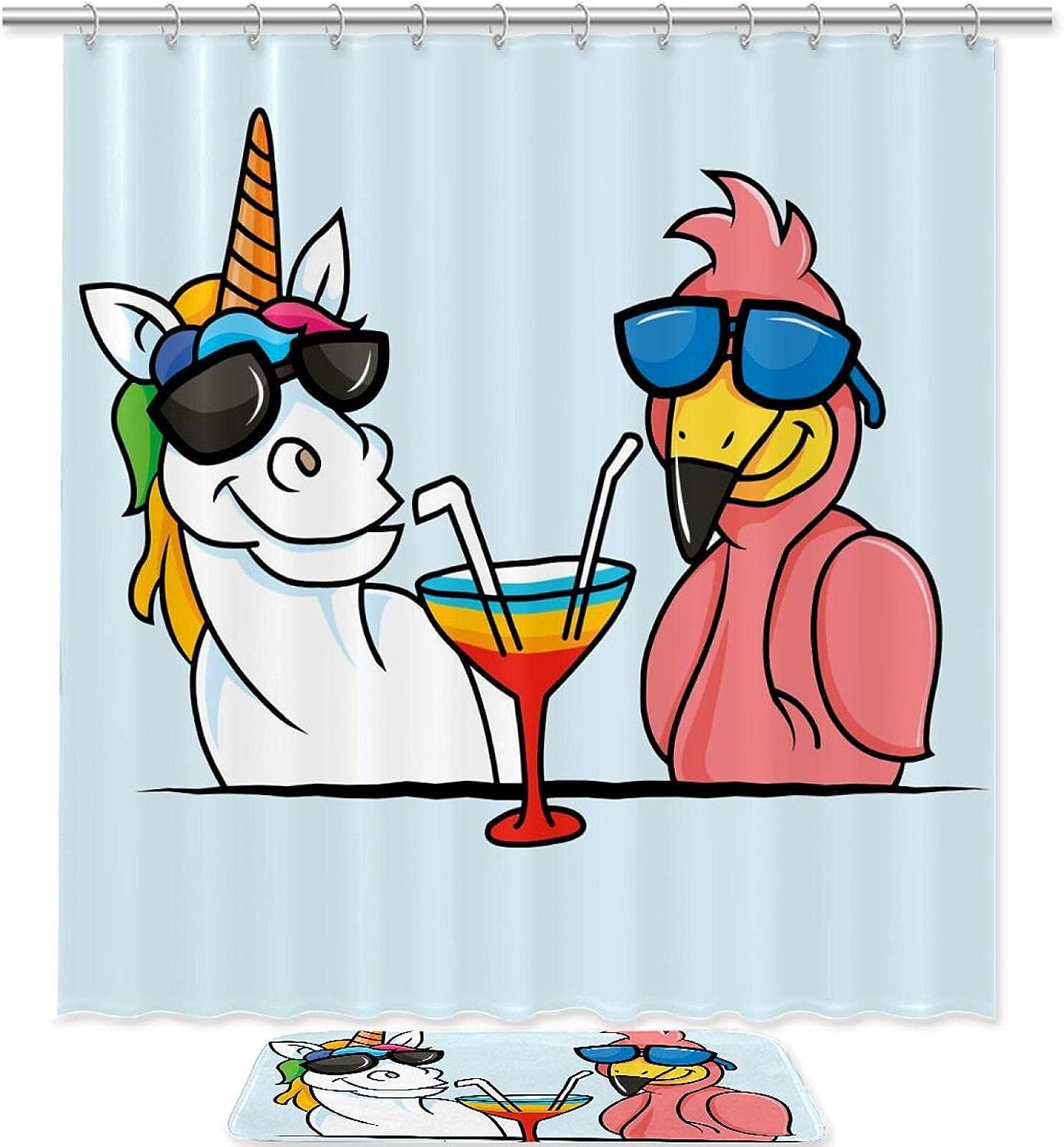 Unicorn Flamingo Cool Shower Curtain with Microfiber Accents - Tropical Bathroom Decor
