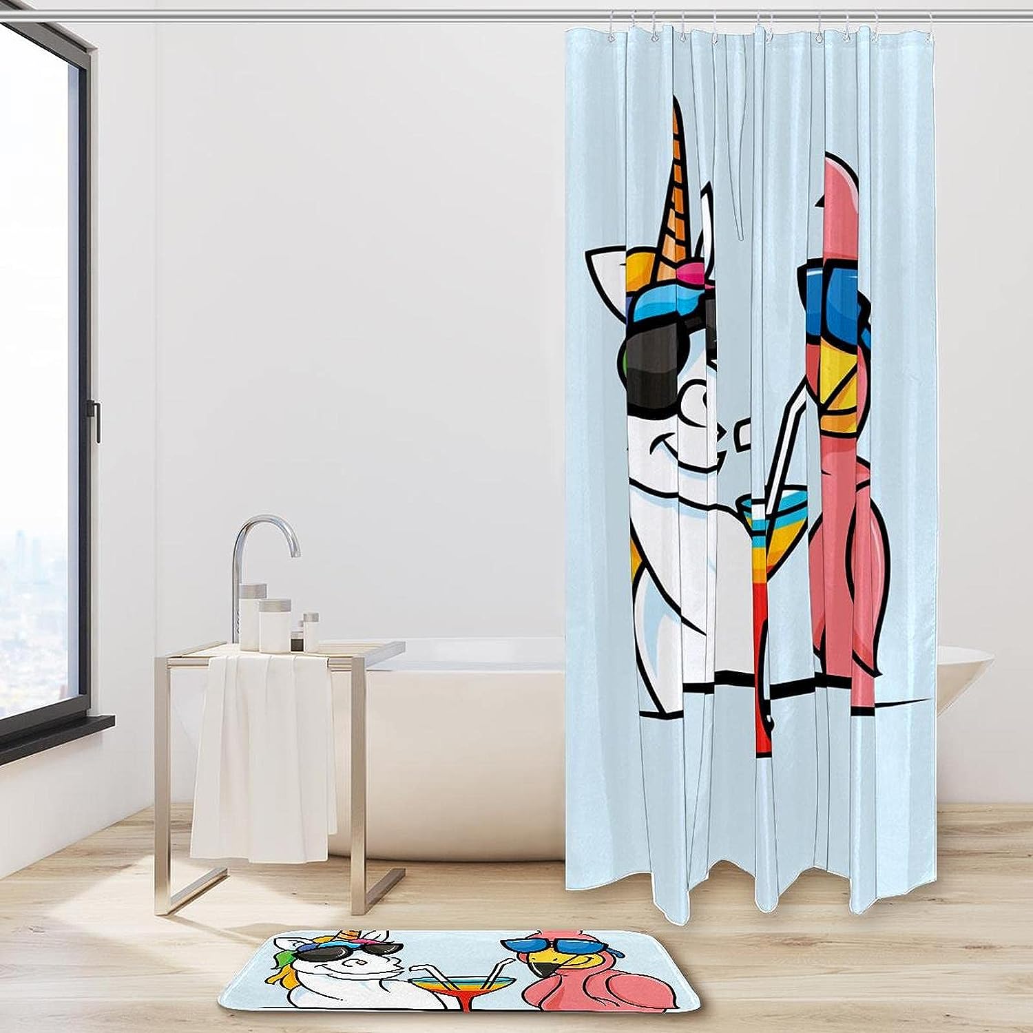 Unicorn Flamingo Cool Shower Curtain with Microfiber Accents - Tropical Bathroom Decor