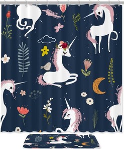 Unicorn Flower Leaves Bathroom Shower Curtain Accessories for Women Men - Waterproof Fabric