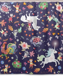 Unicorn Fox and Flower Waterproof Bathroom Shower Curtain Home Decor