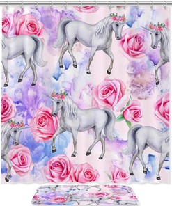 Unicorn Pink Rose Bathroom Shower Curtain Accessories for Women Men - Waterproof Fabric