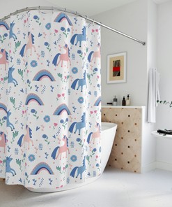 Unicorn Shower Curtain, Blue and Pink Design, Children's Bathroom Decor