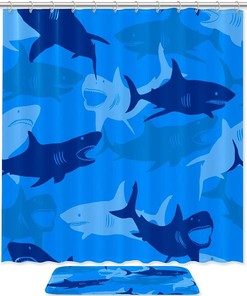 Unique Abstract Shark Elements Shower Curtain and Mat for Artistic Bathroom Decor