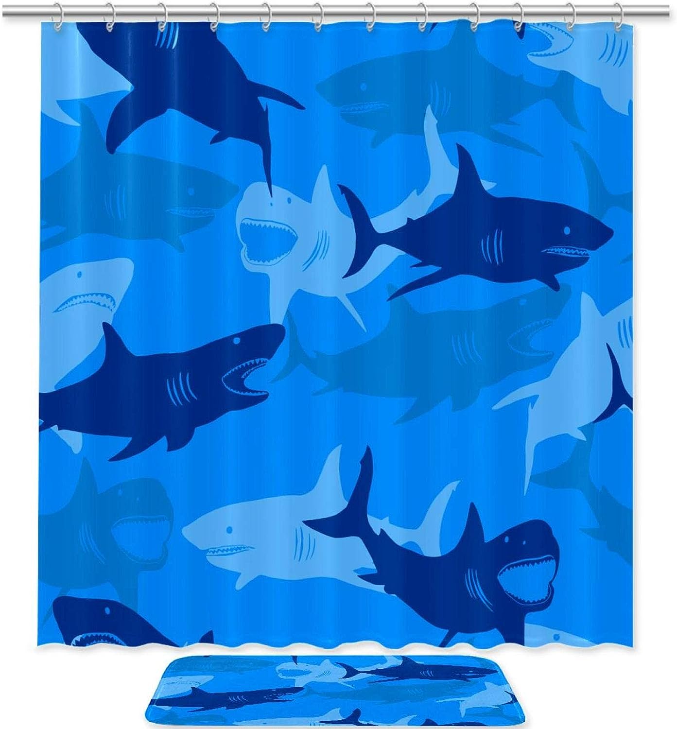 Unique Abstract Shark Elements Shower Curtain and Mat for Artistic Bathroom Decor