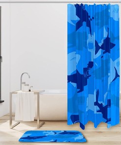 Unique Abstract Shark Elements Shower Curtain and Mat for Artistic Bathroom Decor