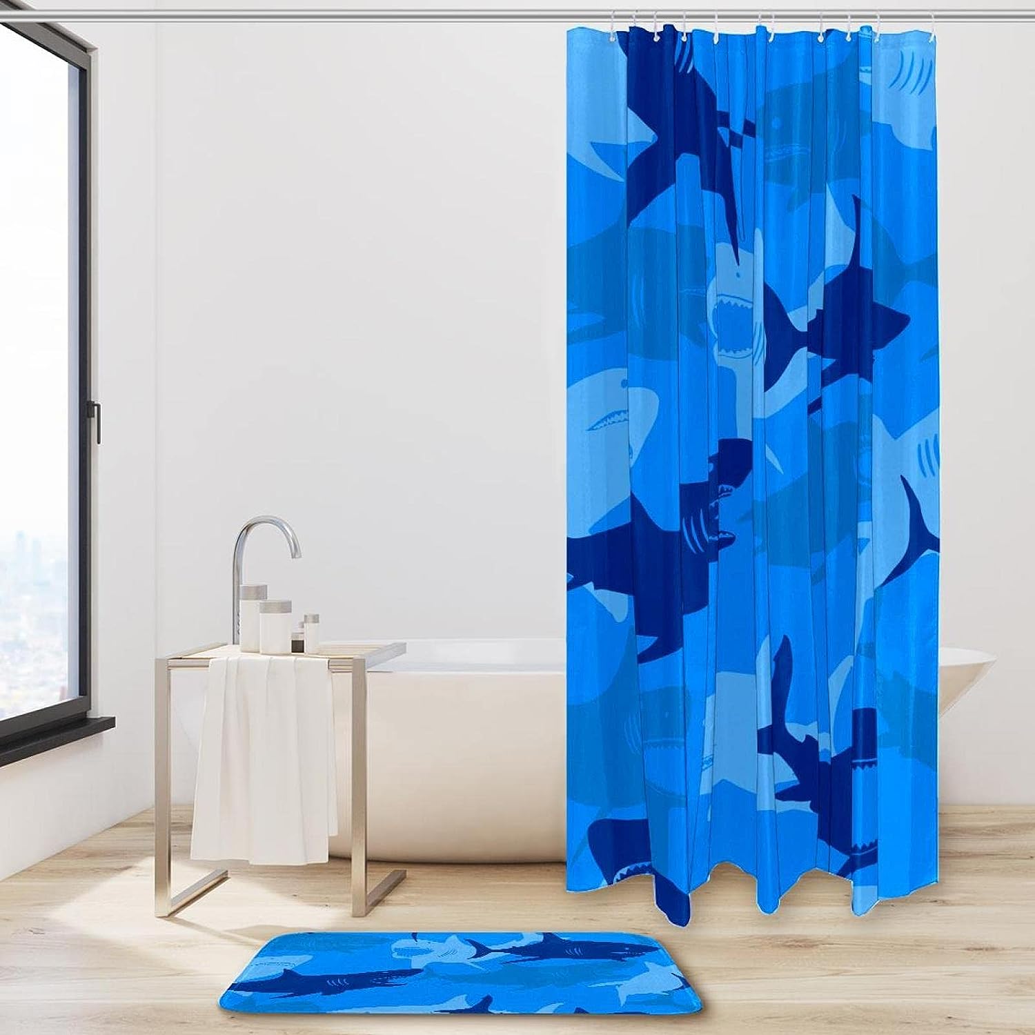 Unique Abstract Shark Elements Shower Curtain and Mat for Artistic Bathroom Decor