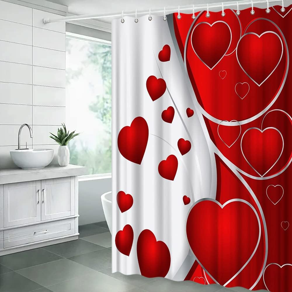Valentine's Day Abstract Floral Shower Curtain - Red Heart Romantic Love for Creative Bathroom Home Decor Fabric Curtain