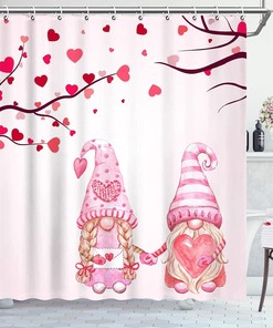 Valentine's Day Gnome Shower Curtain - Pink Cute Bathroom Decor Gift