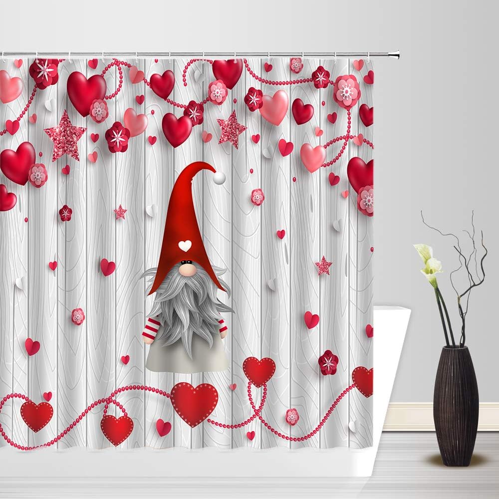 Valentine's Day Gnome Shower Curtain - Red Heart Cute Gnome Star Vintage Wooden Love Sign for Lover Bathroom Home Decor Fabric Curtain