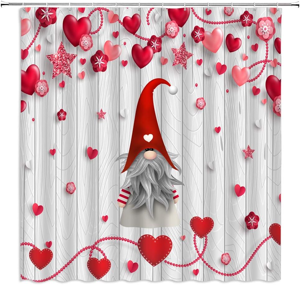 Valentine's Day Gnome Shower Curtain - Red Heart Cute Gnome Star Vintage Wooden Love Sign for Lover Bathroom Home Decor Fabric Curtain