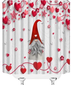 Valentine's Day Gnome Shower Curtain - Red Heart Cute Gnome Star Vintage Wooden Love Sign for Lover Bathroom Home Decor Fabric Curtain