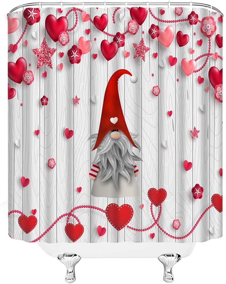 Valentine's Day Gnome Shower Curtain - Red Heart Cute Gnome Star Vintage Wooden Love Sign for Lover Bathroom Home Decor Fabric Curtain