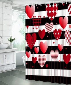 Valentine's Day Red Heart Stripe Shower Curtain - Romance Love Heart Balloon for Sweet Bathroom Home Decor Fabric Curtain