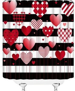 Valentine's Day Red Heart Stripe Shower Curtain - Romance Love Heart Balloon for Sweet Bathroom Home Decor Fabric Curtain
