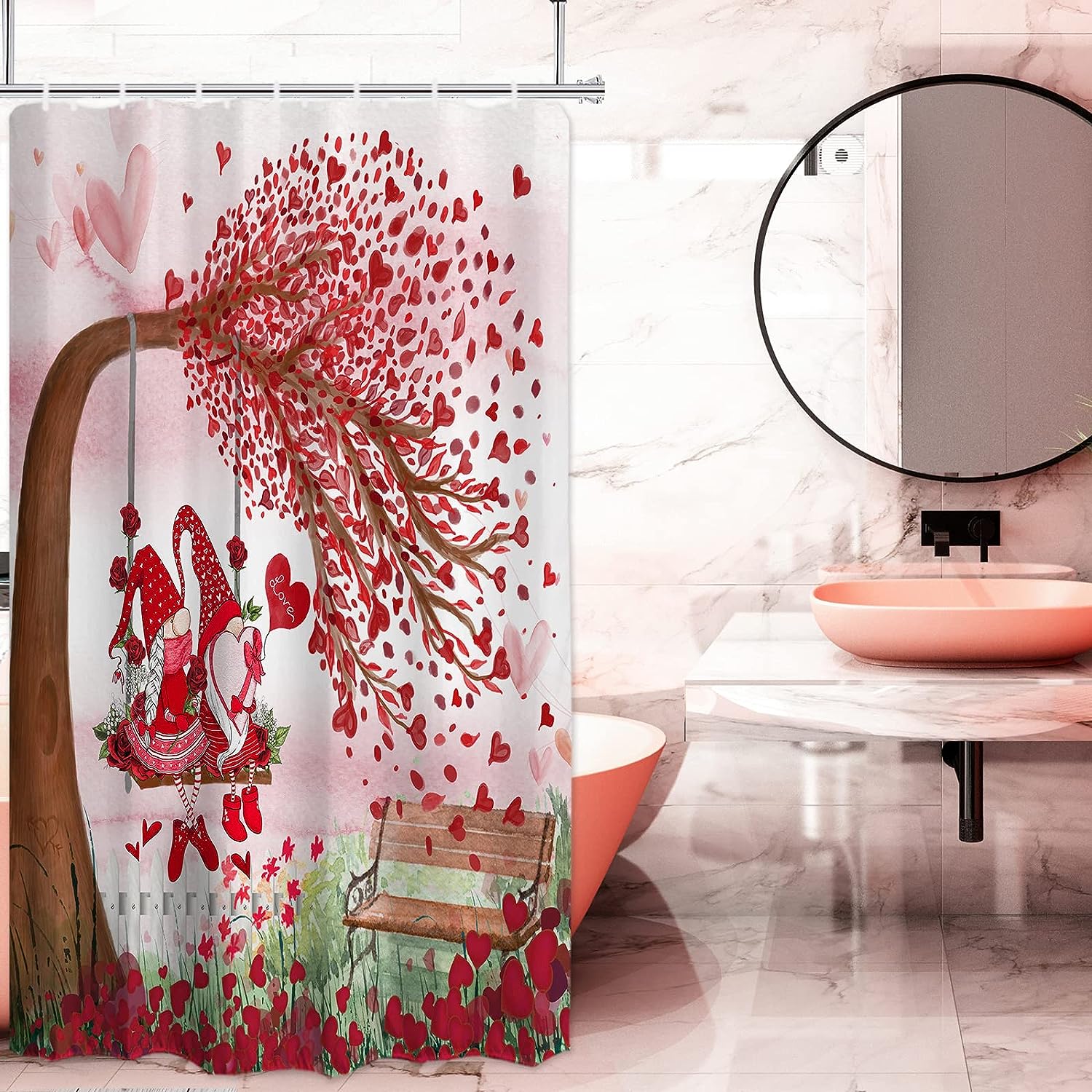 Valentine's Day Shower Curtain - Love Heart Tree Bath Curtain for Romantic Bathroom Decor