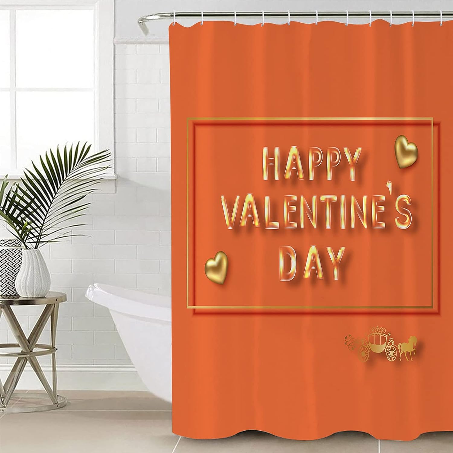 Valentine's Day Shower Curtain, Orange White Checkered Yellow Love Heart for Bathroom Decor