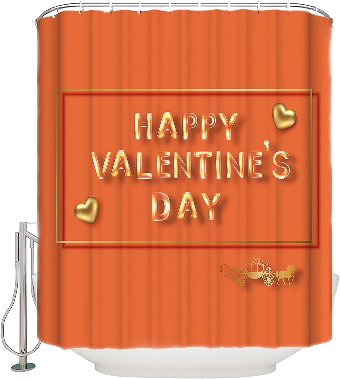 Valentine's Day Shower Curtain, Orange White Checkered Yellow Love Heart for Bathroom Decor
