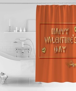 Valentine's Day Shower Curtain, Orange White Checkered Yellow Love Heart for Bathroom Decor