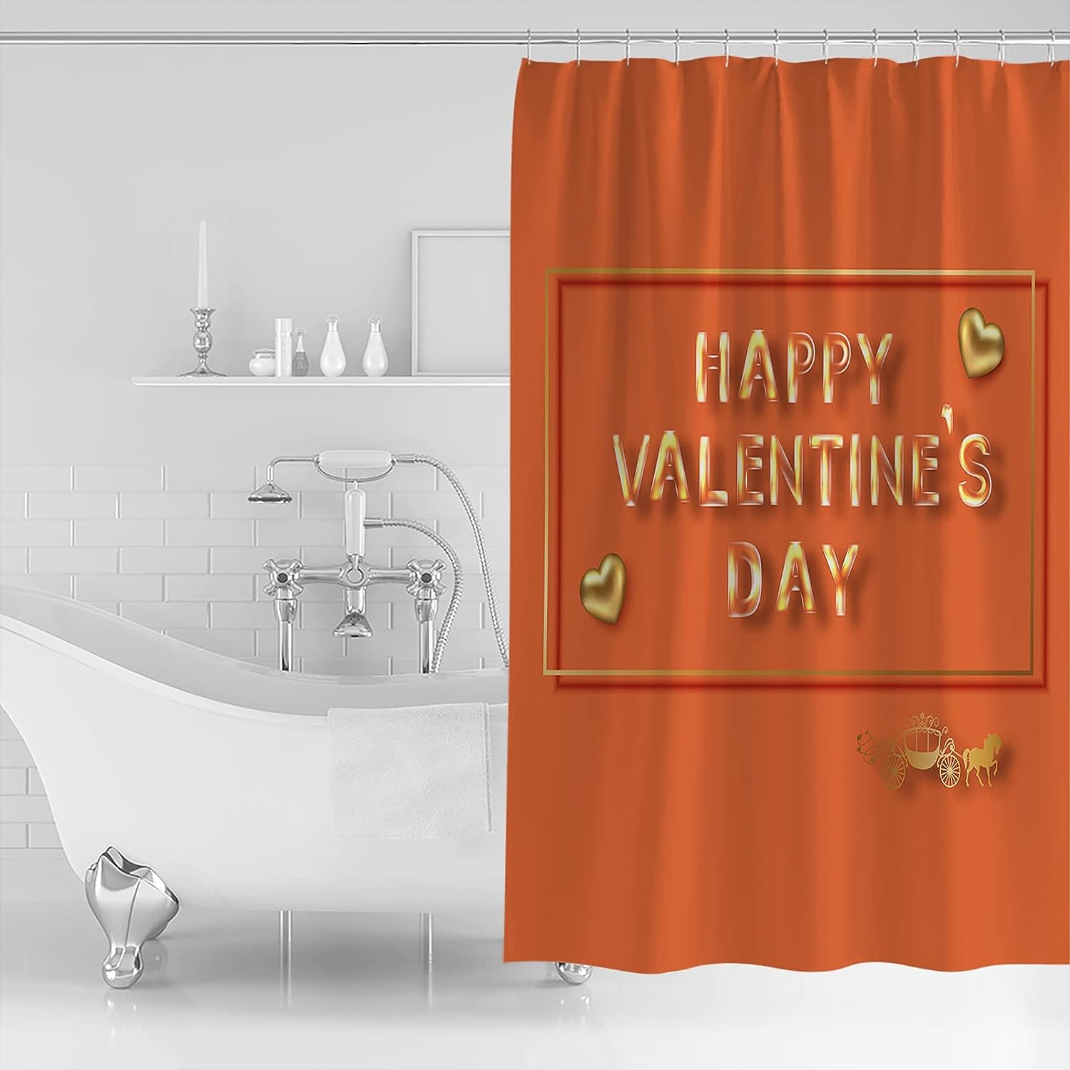 Valentine's Day Shower Curtain, Orange White Checkered Yellow Love Heart for Bathroom Decor