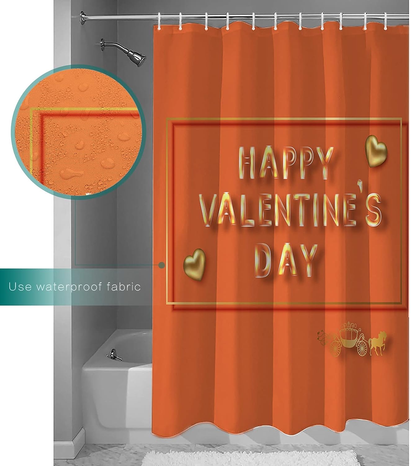 Valentine's Day Shower Curtain, Orange White Checkered Yellow Love Heart for Bathroom Decor