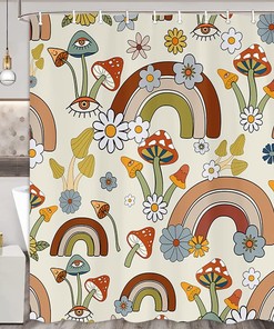 Vegetarian Boho Mushroom Shower Curtain with Floral Eye Rainbow Art 