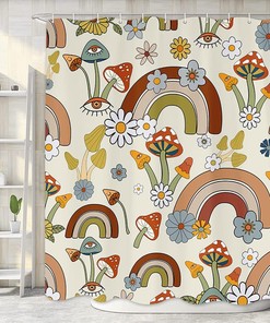 Vegetarian Boho Mushroom Shower Curtain with Floral Eye Rainbow Art