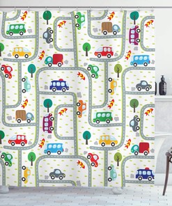 Vibrant Cars Shower Curtain, Driving on The Roads Traffic Urban Themed Design in Apple Green Multicolor Bathroom Decor