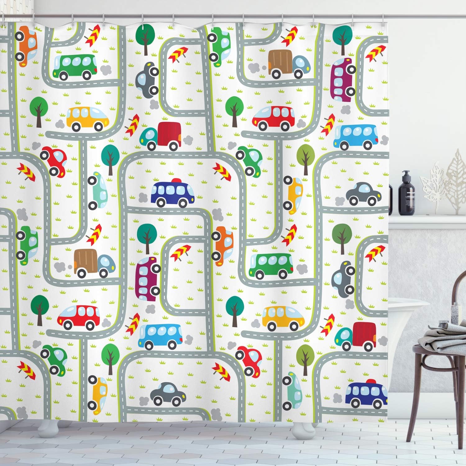 Vibrant Cars Shower Curtain, Driving on The Roads Traffic Urban Themed Design in Apple Green Multicolor Bathroom Decor