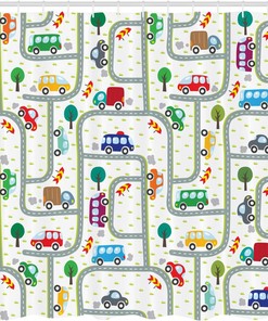 Vibrant Cars Shower Curtain, Driving on The Roads Traffic Urban Themed Design in Apple Green Multicolor Bathroom Decor
