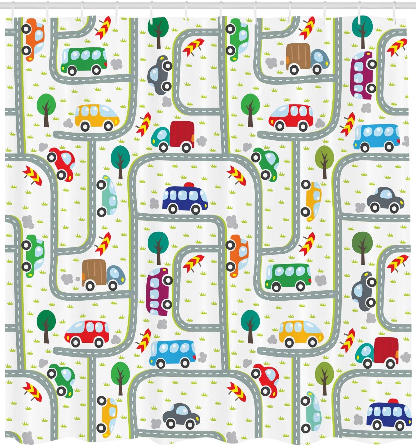 Vibrant Cars Shower Curtain, Driving on The Roads Traffic Urban Themed Design in Apple Green Multicolor Bathroom Decor